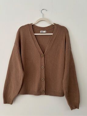 Hollister Womens Cropped Cardigan Sweater M Camel Brown V Neck Button Front Knit